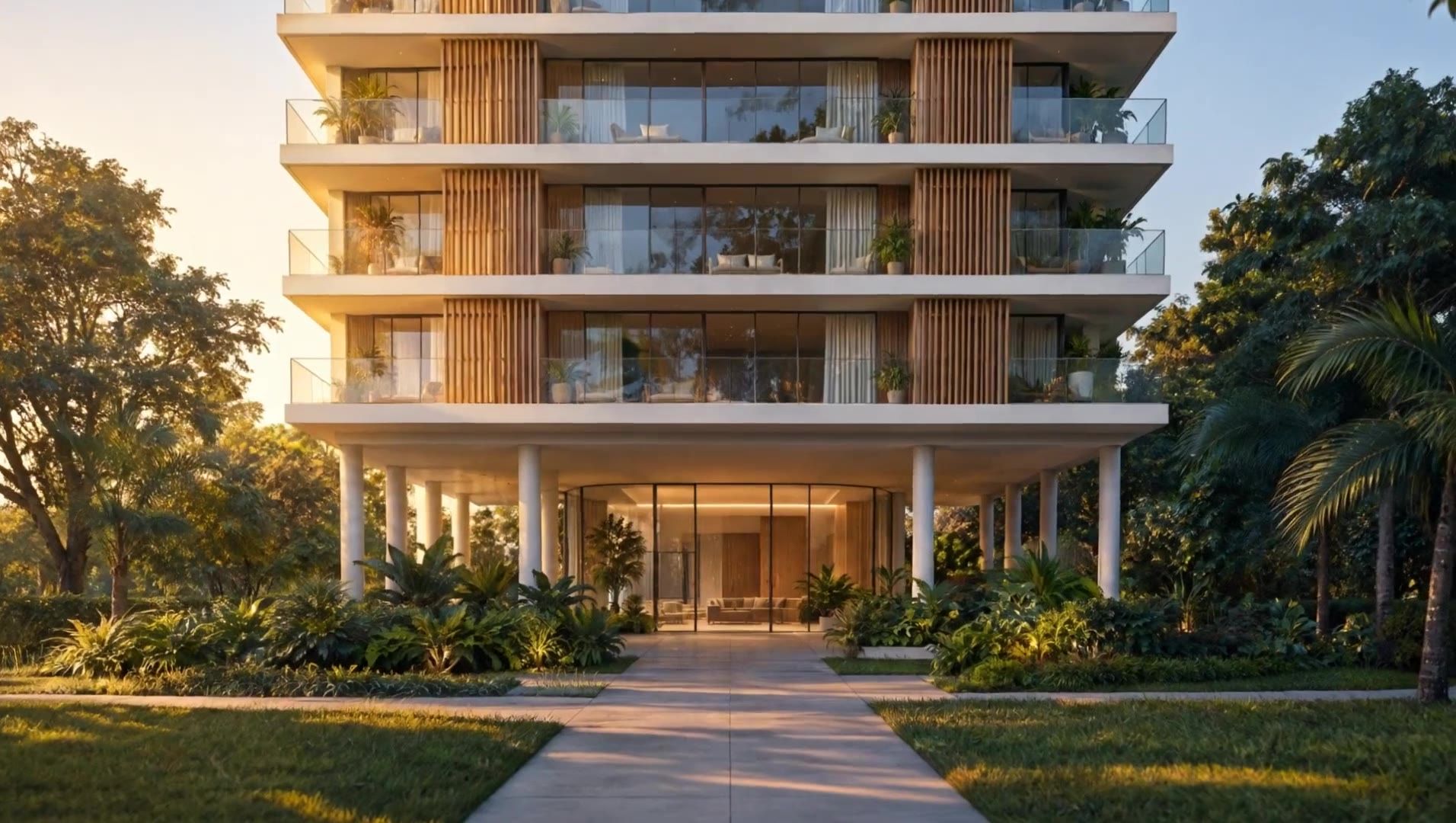Prédio residencial moderno ao amanhecer, visto do caminho do jardim até o hall de entrada