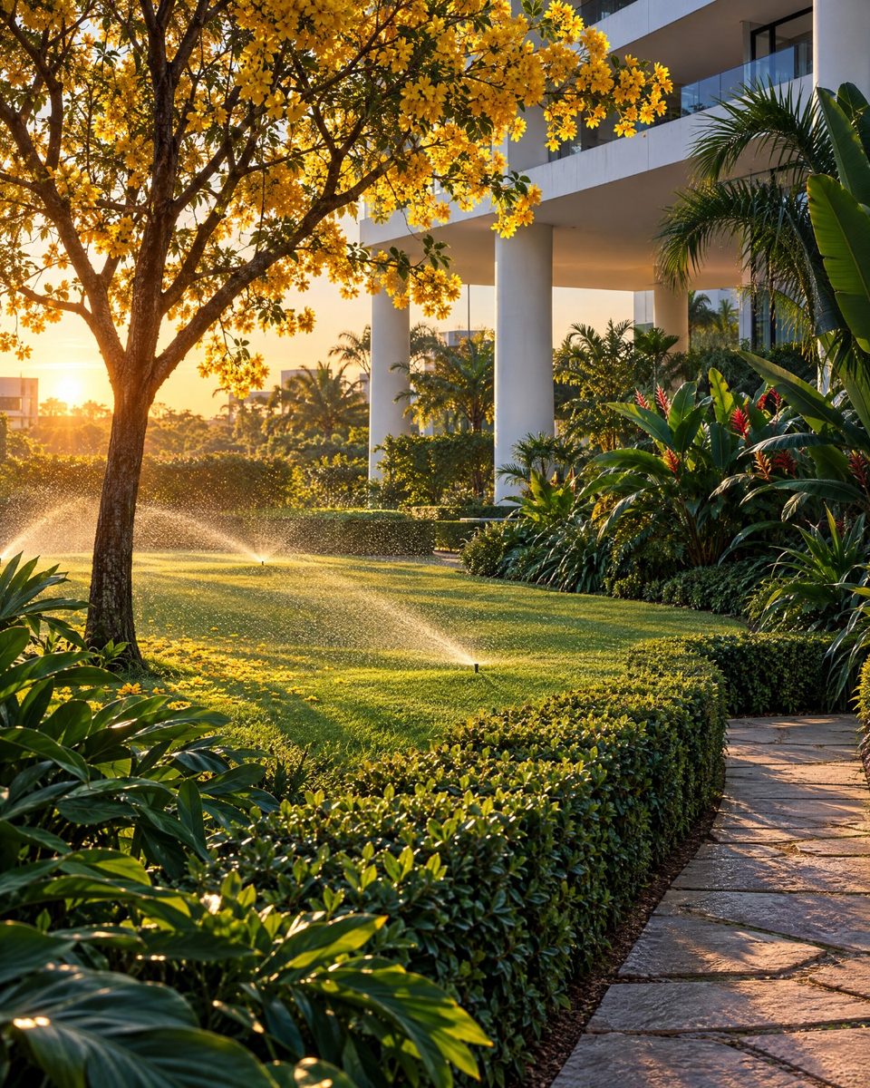 Jardim aparado com ipê amarelo florido e irrigação ligada na luz da manhã