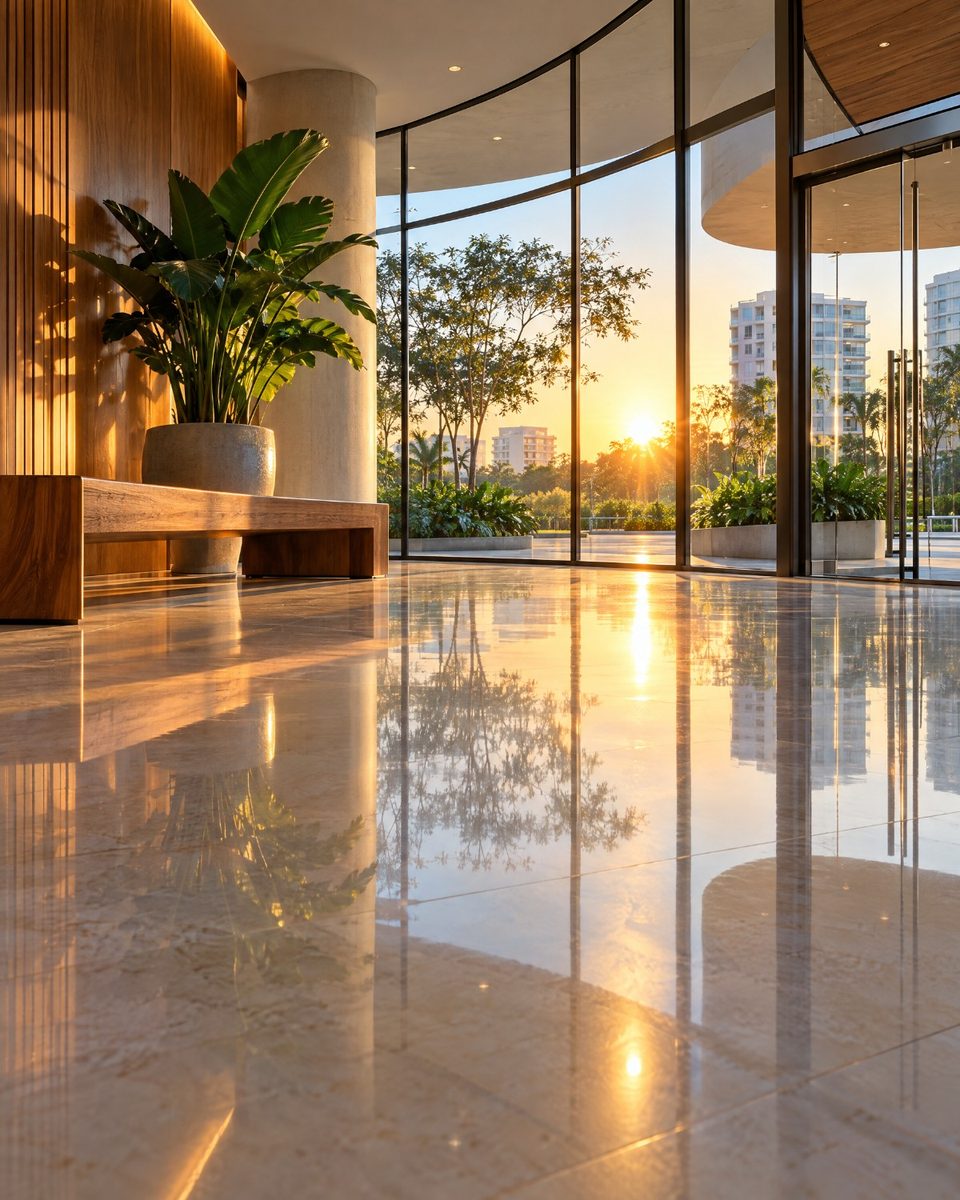 Hall de entrada com piso de pedra polido e brilhando, refletindo a luz do amanhecer